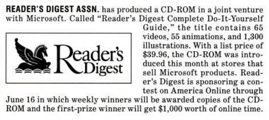 Microsoft Reader's Digest Complete Do-It-Yourself Guide Mention in Billboard Mag (1996)